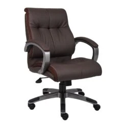 Back Double Plush Executive Office Chair With Bomber Brown LeatherPlus Upholstery With Pewter Finish By Boss Office Products - Madison Seating