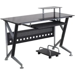 Black Glass Computer Desk With Pull-Out Keyboard Tray And CPU Cart - By Flash Furniture - Madison Seating -Executive Chairs Sales Black Glass Computer Desk with Pull Out Keyboard Tray and CPU Cart by Flash Furniture 2
