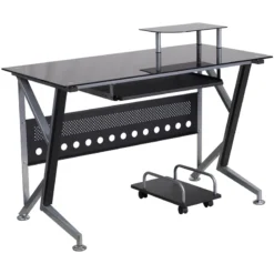Black Glass Computer Desk With Pull-Out Keyboard Tray And CPU Cart - By Flash Furniture - Madison Seating
