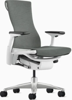 Embody Chair With White Titanium Frame In Feather Grey Fabric By Herman Miller - New/Open Box - Madison Seating