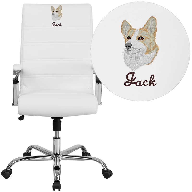 Embroidered High Back White Leather Executive Swivel Chair With Chrome Base And Arms - By Flash Furniture - Madison Seating 3 Embroidered High Back White Leather Executive Swivel Chair With Chrome Base And Arms - By Flash Furniture - Madison Seating