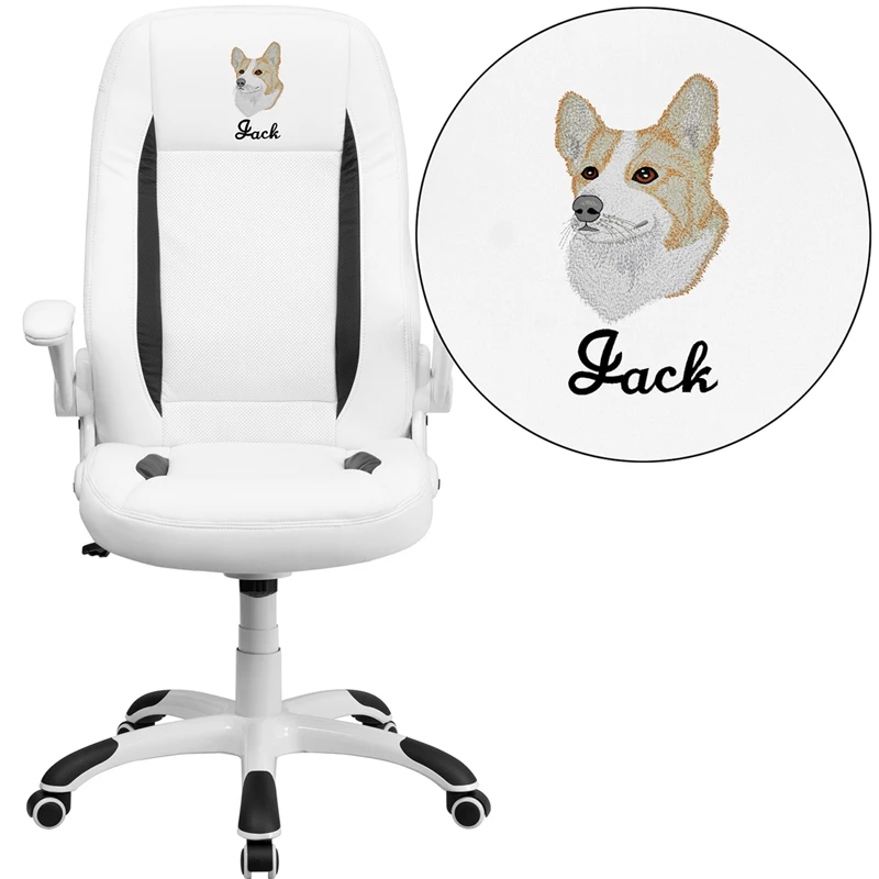 Embroidered High Back White Leather Executive Swivel Chair With Flip-Up Arms - By Flash Furniture - Madison Seating 3 Embroidered High Back White Leather Executive Swivel Chair With Flip-Up Arms - By Flash Furniture - Madison Seating