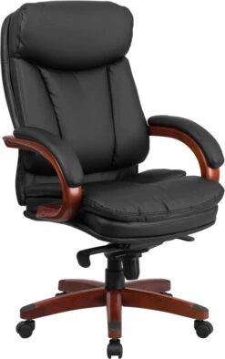 High Back Black Leather Executive Swivel Chair With Synchro-Tilt Mechanism, Mahogany Wood Base And Arms - By Flash Furniture - Madison Seating
