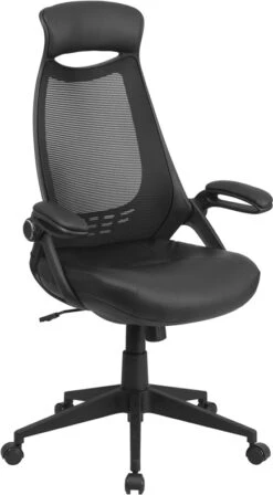 High Back Black Mesh Executive Swivel Chair With Leather Seat And Flip-Up Arms - By Flash Furniture - Madison Seating