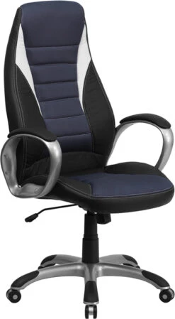 High Back Black Vinyl Executive Swivel Chair With Blue Mesh Inserts And Arms - By Flash Furniture - Madison Seating