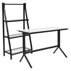 Highland Collection Glass Computer Desk And Bookshelf With Black Metal Frame By Flash Furniture - Madison Seating