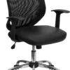 Mid-Back Black Mesh Swivel Task Chair With Leather Seat And Arms - By Flash Furniture - Madison Seating -Executive Chairs Sales Mid Back Black Mesh Swivel Task Chair with Leather Seat and Arms by Flash Furniture