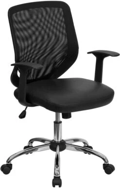 Mid-Back Black Mesh Swivel Task Chair With Leather Seat And Arms - By Flash Furniture - Madison Seating