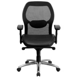 Mid-Back Black Super Mesh Executive Swivel Chair With Leather Seat, Knee Tilt Control And Adjustable Arms - By Flash Furniture - Madison Seating -Executive Chairs Sales Mid Back Black Super Mesh Executive Swivel Chair with Leather Seat Knee Tilt Control and Adjustable Arms by Flash Furniture 3