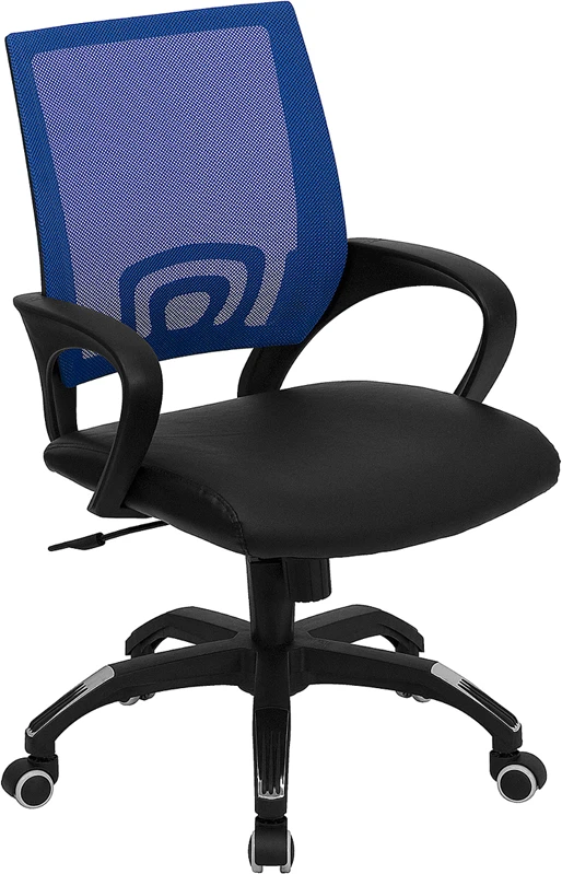 Mid-Back Blue Mesh Swivel Task Chair With Black Leather Seat And Arms - By Flash Furniture - Madison Seating 3 Mid-Back Blue Mesh Swivel Task Chair With Black Leather Seat And Arms - By Flash Furniture - Madison Seating