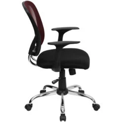 Mid-Back Burgundy And Black Mesh Swivel Task Chair With Chrome Base And Arms - By Flash Furniture - Madison Seating -Executive Chairs Sales Mid Back Burgundy and Black Mesh Swivel Task Chair with Chrome Base and Arms by Flash Furniture 1