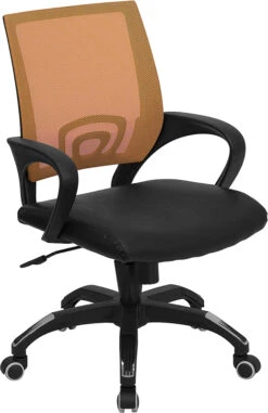 Mid-Back Orange Mesh Swivel Task Chair With Black Leather Seat And Arms - By Flash Furniture - Madison Seating