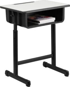 Student Desk With Grey Top And Adjustable Height Black Pedestal Frame - By Flash Furniture - Madison Seating