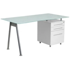 White Computer Desk With Glass Top And Three Drawer Pedestal - By Flash Furniture - Madison Seating