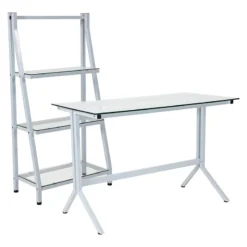 Winfield Collection Glass Computer Desk And Bookshelf With White Metal Frame By Flash Furniture - Madison Seating
